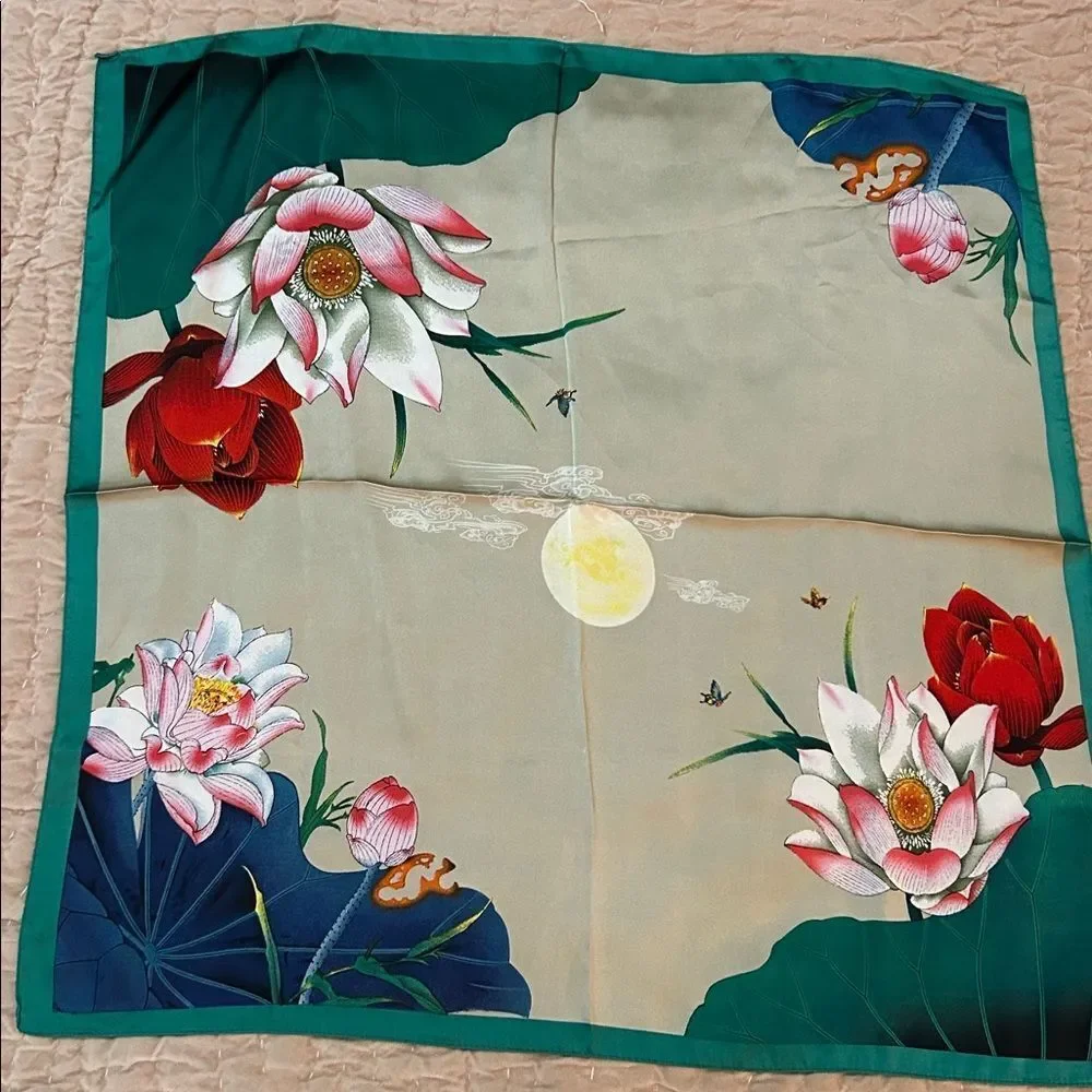 Floral scarf with green and gray lotus Design